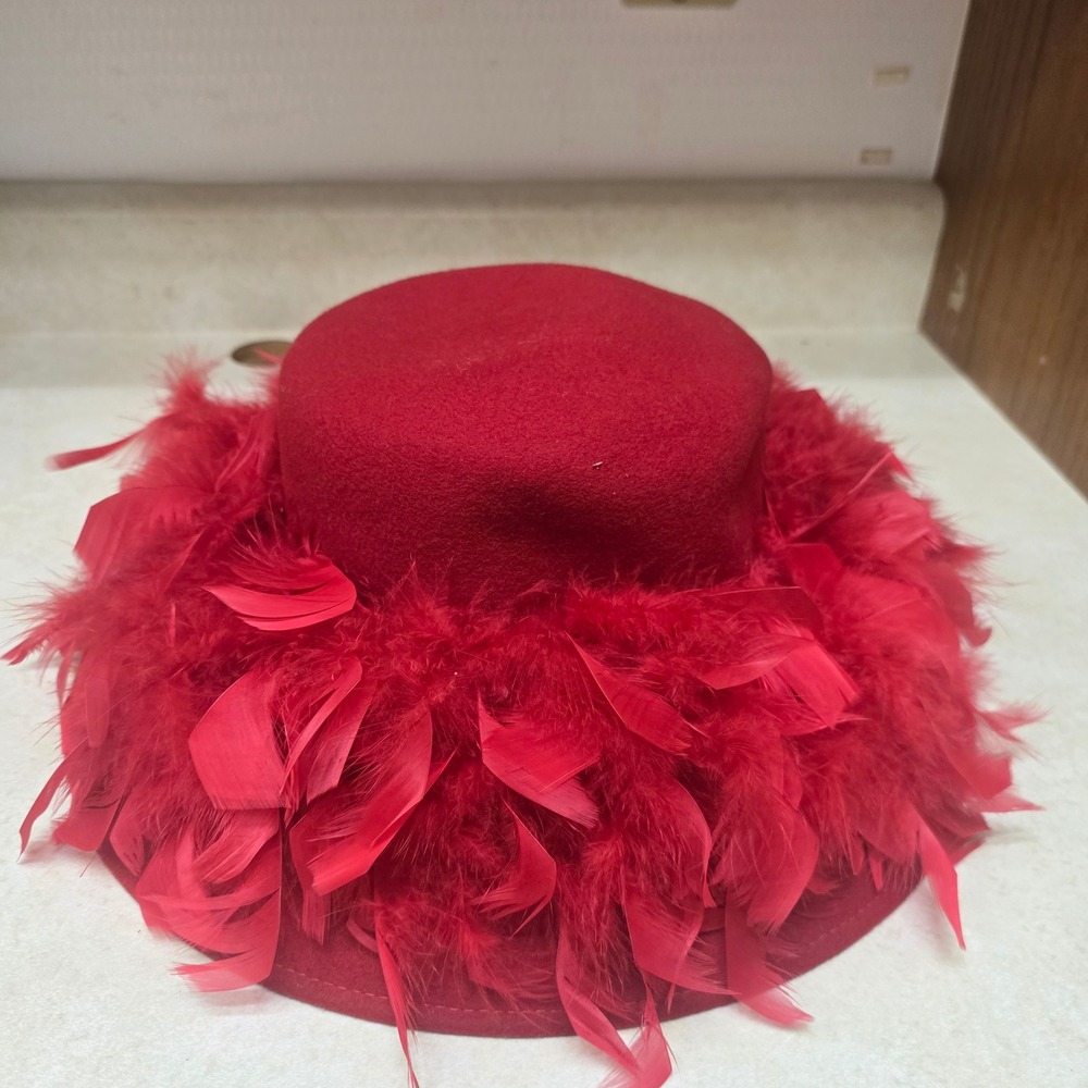 Betmar New York Red Wool Wide Brim Hat Feather Trim Made in USA Vintage Style